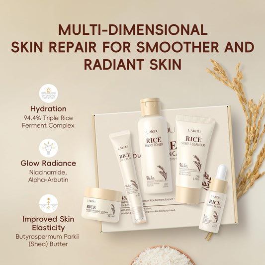 5PCS Rice Korean Skin Care Set, Rice Skincare For Girls 10-12 With Toner,Serum,Eye Serum,Moisturiser,Cleanser, Nourishing Skin Care For Teens 10-12, Skin Care For Kids, Gentle For All Skin Types 5PCS