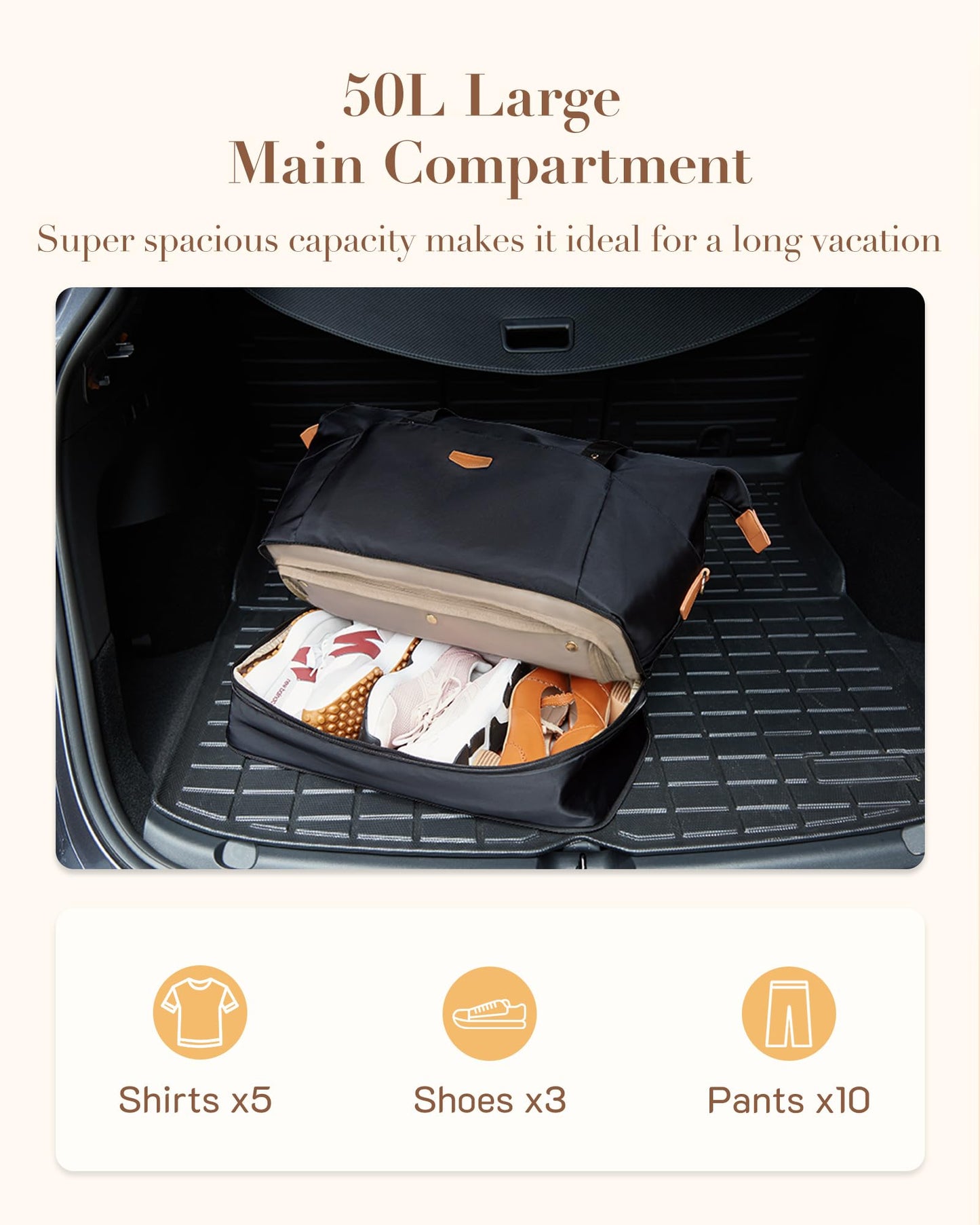 Missnine Weekender Bag for Women, Foldie Travel Bag Expandable with Shoes Compartment Travel Duffel 50L Carry on Overnight Gym