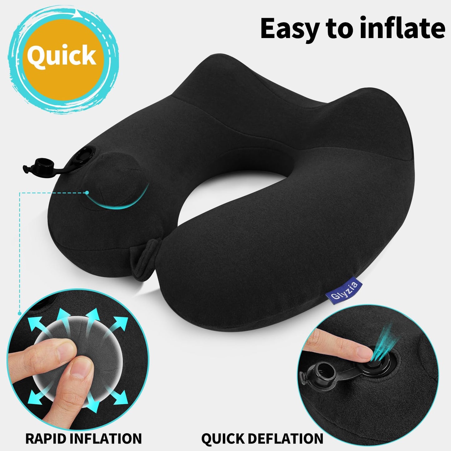 Glyzia Inflatable Travel Neck Pillow for Airplane, Head Support Velvet Adult Neck Pillow for Long Flight, Kit with Eye Mask, Earplugs and Storage Bag,1, Black
