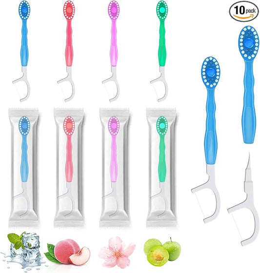 10pcs 5 in 1 Disposable Mini Toothbrush with Toothpaste + Floss + Pick + Tongue Scraper | Travel Size | Individually Wrapped | Soft | Mint | Travel Set | Oral Care (1)