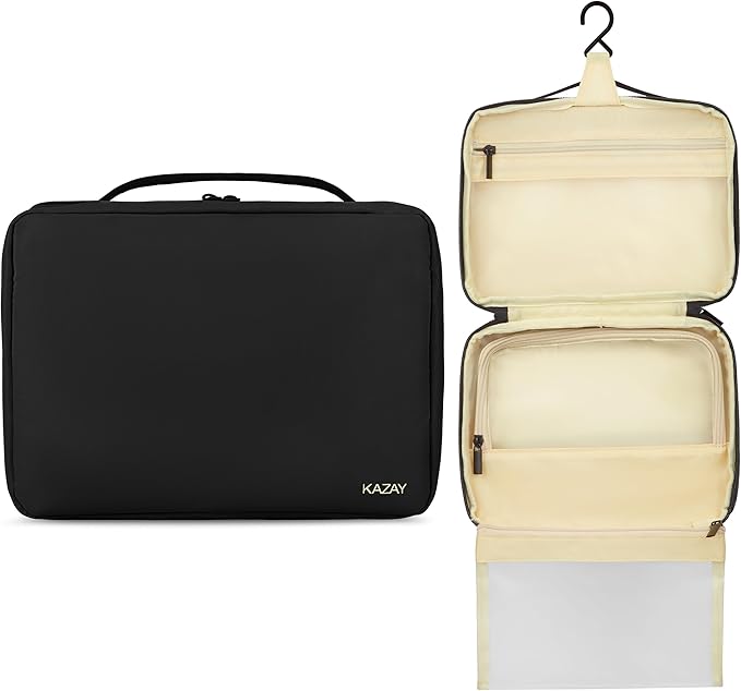 KAZAY Hanging Toiletry Bag with TSA Approved Detachable Pouch, Travel Toiletry Bag, Water Resistant, Premium Nylon, Travel Size Toiletries Cosmetic Bag, Makeup Bag, Unisex (Black)