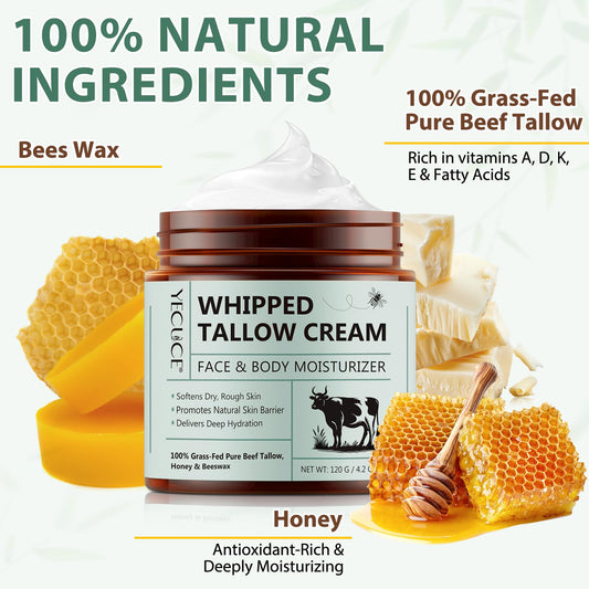 Beef Tallow for Skin, Tallow and Honey Balm, All Natural Moisturizer Hydrates and Nourishes the Skin, Deeply Moisturizing for Face & Body, Organic Grass Fed Whipped Beef Tallow & Honey Beeswax-4.2 Oz