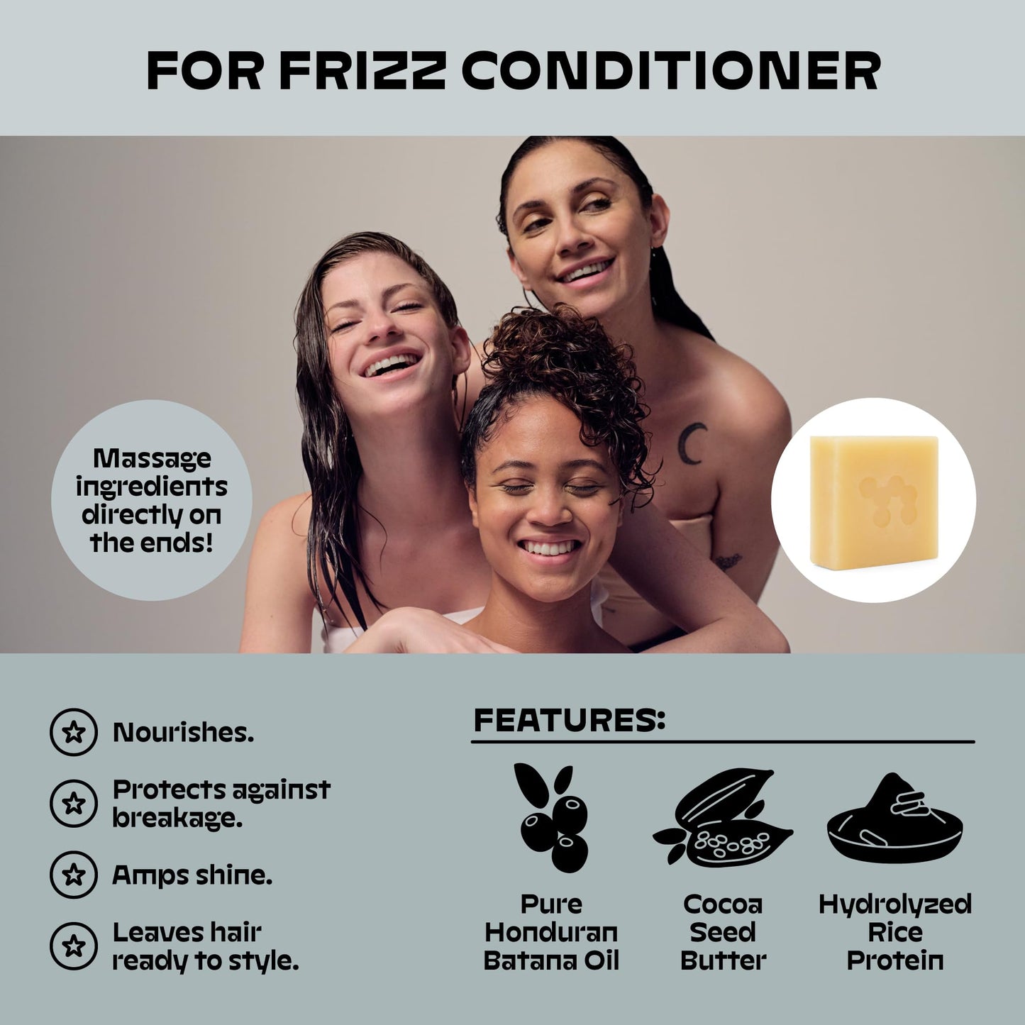 NOLE CARE Sustainable Conditioner Bar with Coconut & Batana Oil for Frizz (2.12 Oz Bar) - Sustainable, PH Balanced, Rice Protein Conditioner for Silky Frizzy Hair, Plastic-Free