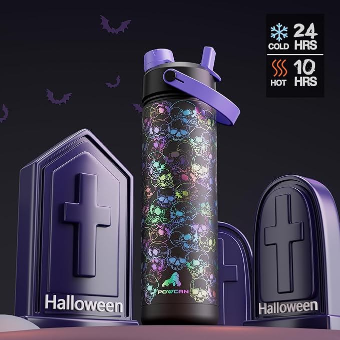 26 oz Halloween Insulated Water Bottle with 2-in-1 Straw and Spout Lid, Glow-in-the-Dark, 24H Cold, Leakproof, Fits in Car Cup Holder, Stainless Steel for Gift, Trip, Holiday, Sports (Luminous Souls)