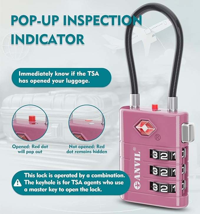 ANVIL TSA Approved Luggage Locks – High Security TSA008 Combination Travel Locks with Inspection Indicator for Suitcases and Backpacks. (4, Rose Purple)