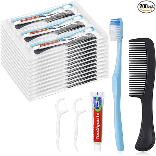200 Sets Disposable Toothbrushes with Toothpaste Floss Comb Individually Wrapped, Disposable Toothbrush Bulk, 10g Toothpaste,Dental Floss,6in Comb Bulk Toothbrush Kit for Homeless,Airbnb,Hotel