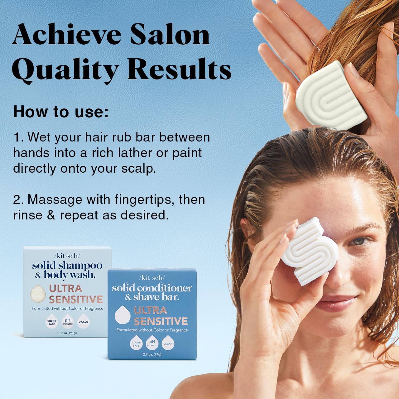 Kitsch 2-in-1 Ultra Sensitive Shampoo Bar & Body Wash + Conditioner Bar & Shaving Soap – Fragrance-Free Bar Soap for Sensitive Skin & Scalp - For Healthy, Radiant Hair and Skin - Made in USA – 2pcs