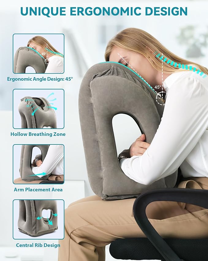 JefDiee Inflatable Travel Pillow, Airplane Neck Pillow Comfortably Supports Head and Chin for Airplanes, Trains, Cars Office Napping on The Tray Table (Grey)