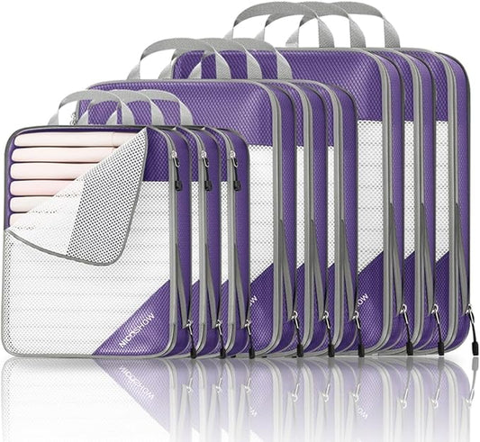 9 Set Compression Packing Cubes for Travel - Compressible, Lightweight, and Space-Saving Packing Cubes, Travel Essentials for Women, Purple