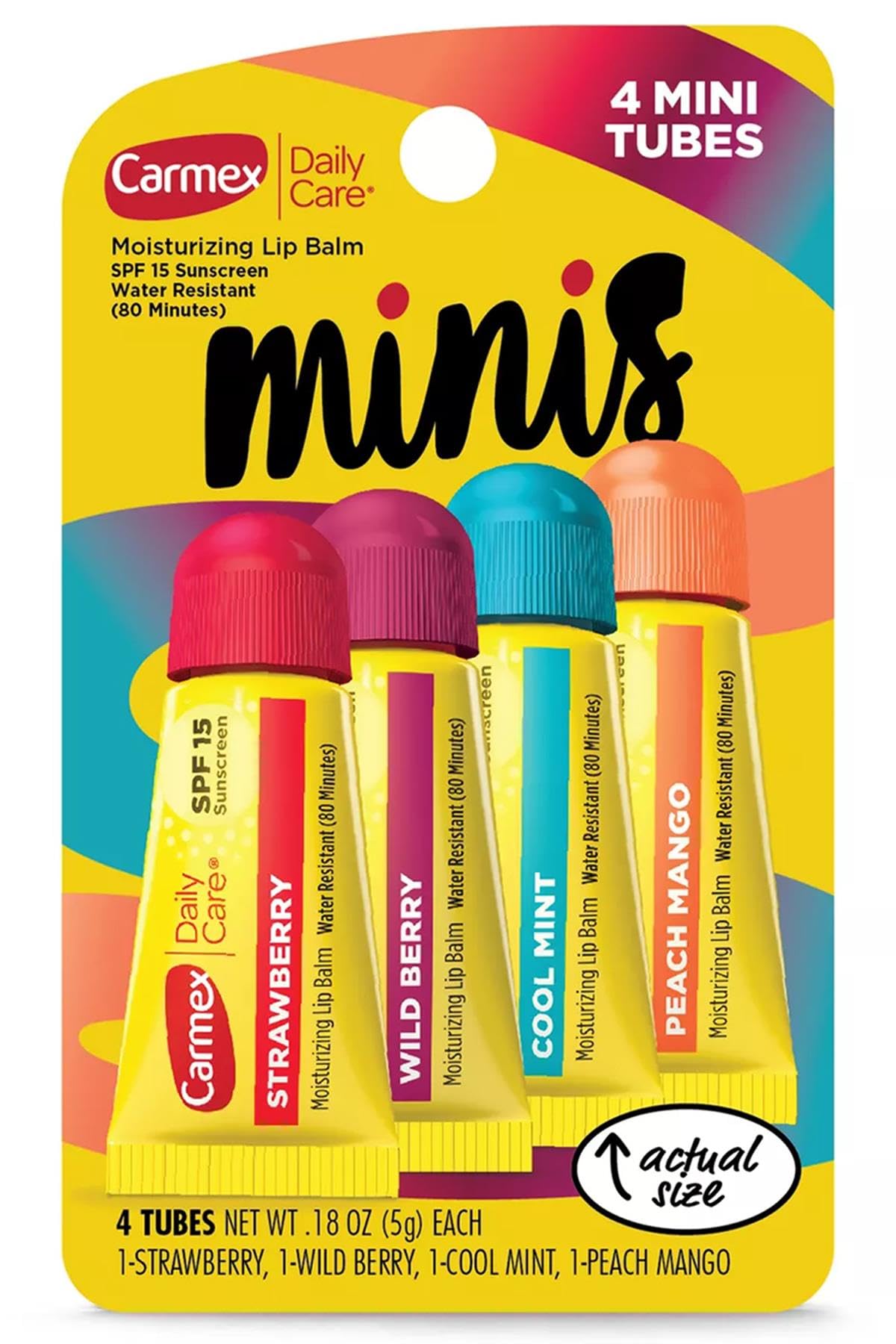 Carmex Daily Care Minis Moisturizing Lip Balm Tubes with SPF 15, Strawberry, Cool Mint, Wild Berry and Peach Mango Lip Balm Pack - 0.18 oz each, 4 Count