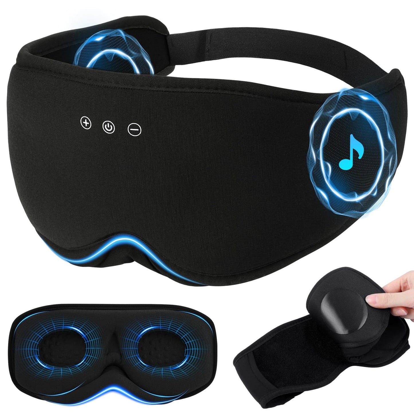 Sleep Eye Mask with Wireless Headphones - 29 Soothing White Noise Sounds, 3D Zero Pressure Bamboo Cotton Eye Maks for Women & Men, Blackout Sleeping Masks for Side Sleeper, Removable Eye Cover (Black)