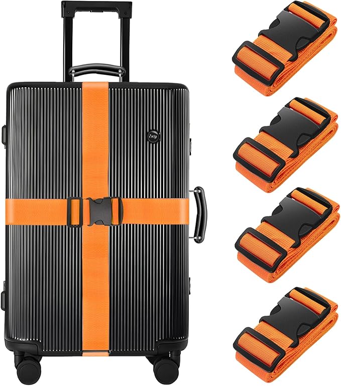 BILIONE 4 Pack Luggage Straps 79" Long Belts Keep Suitcase Secure While Traveling, TSA Approved Add a Bag Premium Accessory for Travel Bag Closure (4PCS Orange)