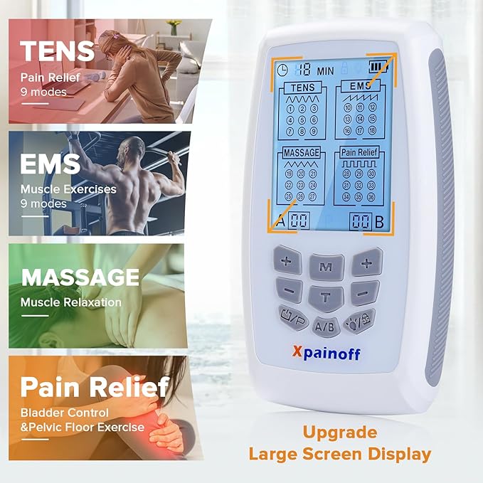 4 in 1 TNES Unit Muscle Stimulator Rechargeable Dual Channel EMS Muscle Massager Electronic Pulse Machine 36 Modes for Pain Relief Therapy,12 PCS TENS Unit Electrode Pads,Storage Case
