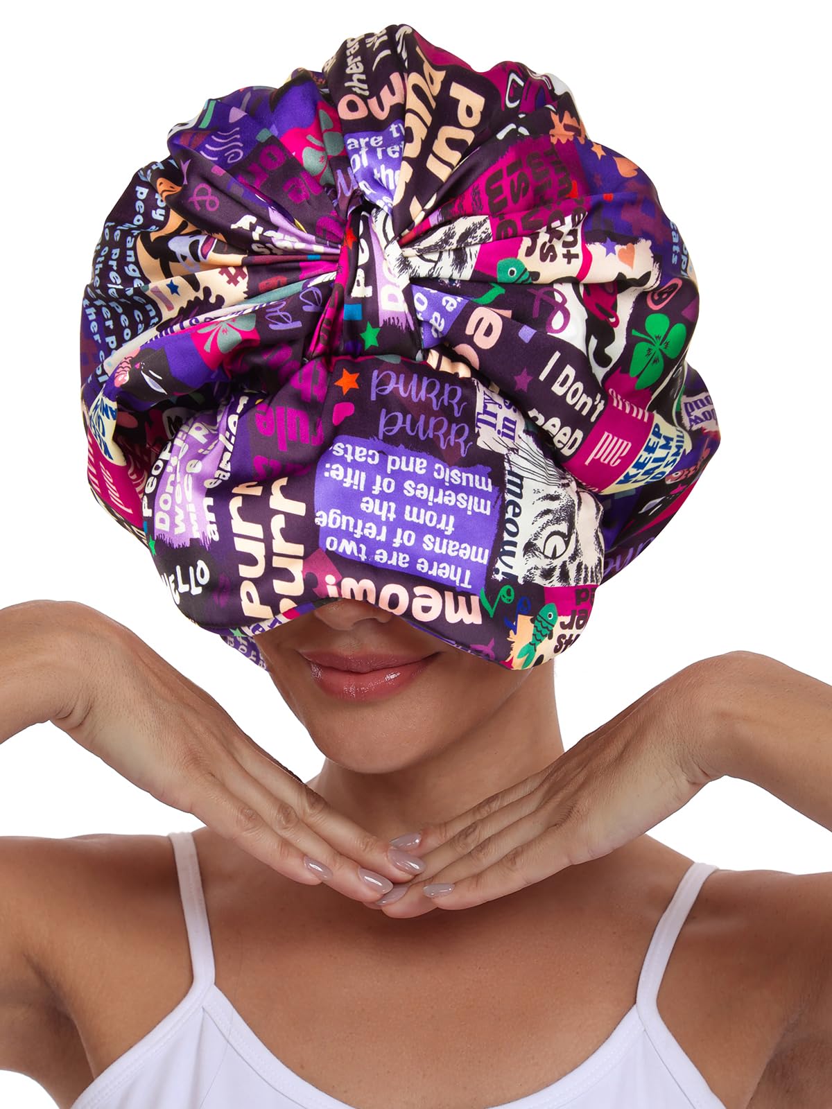 Vettres Double Layer Satin Bonnet with Eye Mask Adjustable Silk Sleep Cap Turban Style Hair Wrap for Curly Hair Purple Animals