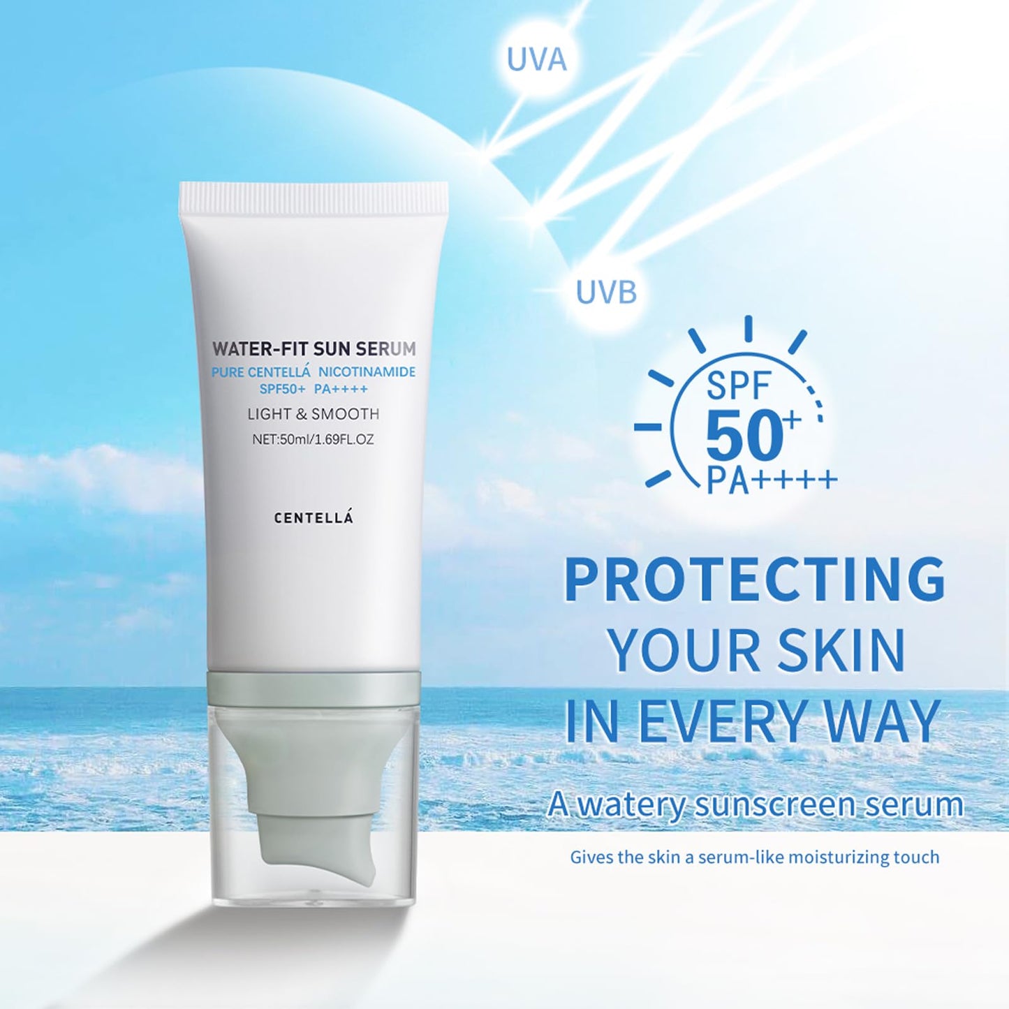 Centella Sunscreen SPF 50 PA++++, Korean Sunscreen Water-Fit Sun Serum, Face Sun Screen Long-Lasting, Hydrating & Non-Greasy Sun Protection for Sensitive Skin, Reef-Safe & Fast-Absorbing