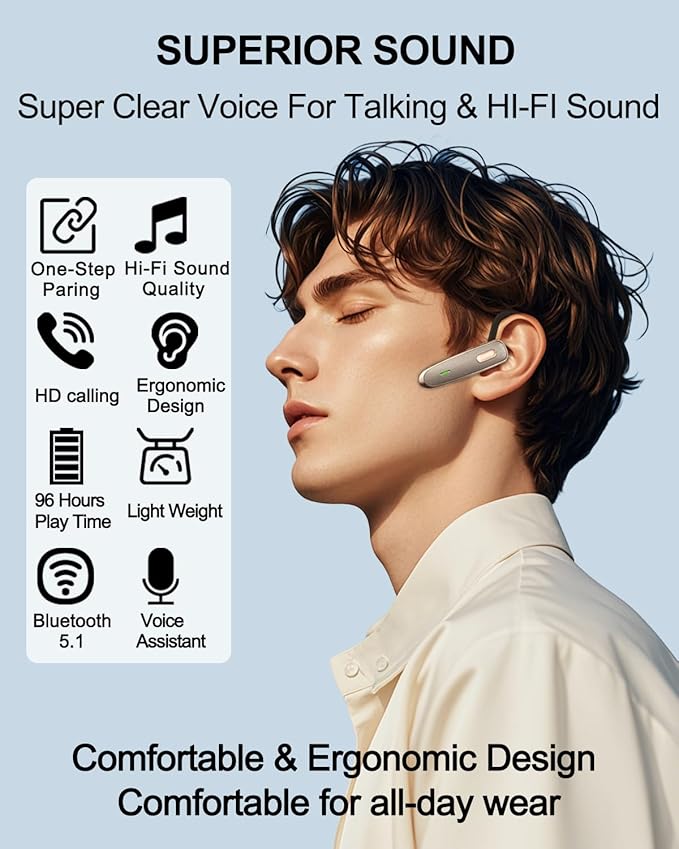 Bluetooth Earpiece, V5.1 Ultralight Wireless Handsfree Headset for Cell Phone with Noise Cancellation Microphone for iOS Android Samsung Laptop Trucker Driver - Grey