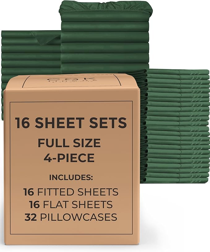 Bulk Case Pack of 16 Sheet Sets - (16) Complete Full Size Sheet Sets with Deep Pockets - Wholesale Bulk Bedding for Hotels, Spas & Airbnbs - Breathable, Cooling & Wrinkle Free - (Full, Emerald Green)