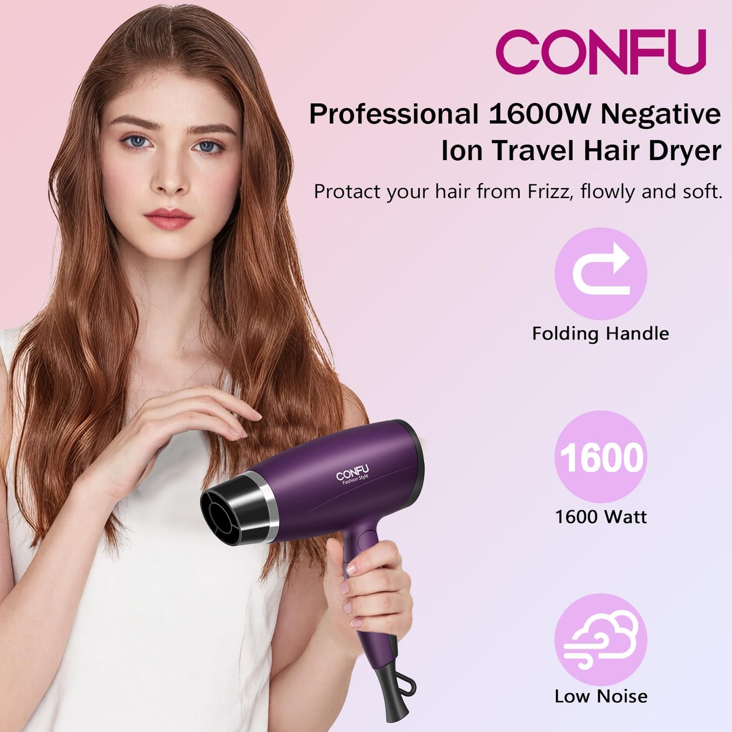 CONFU 1600W Small Portable Travel Hair Dryer with Folding Handle, Lightweight Hair Dryers for Women, Ceramic Tourmaline Ionic Hair Dryers with Nozzle, Mini Blow Dryer, Purple