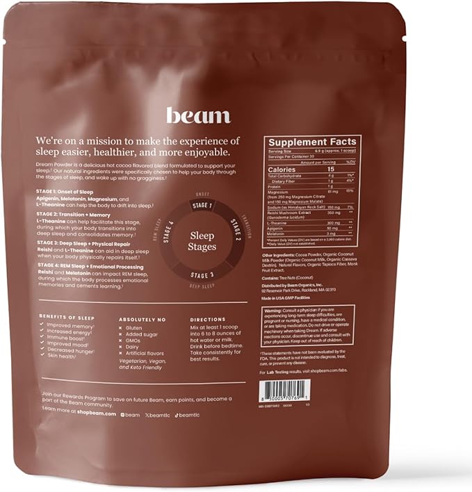 Beam Dream Sleep Powder, L-Theanine, Apigenin, Reishi and Magnesium, Third Party Tested Natural Sleep Aid & Sleep Supplement for Deep Sleep, Relaxation and Recovery, Natural Sleep Support, 30 Servings