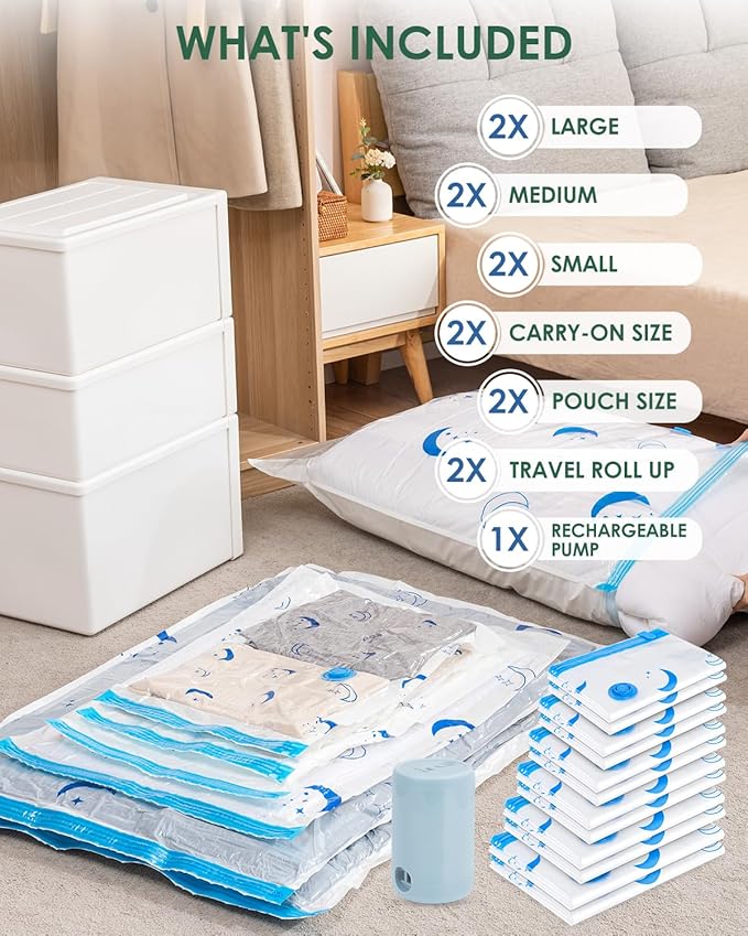 Vacuum Storage Bags with Electric Pump, 12 Pack Vacuum Sealed Bag with 1500mAh Rechargeable Battery for Clothes, Blanket, Duvets, Pillows, Comforters, Travel