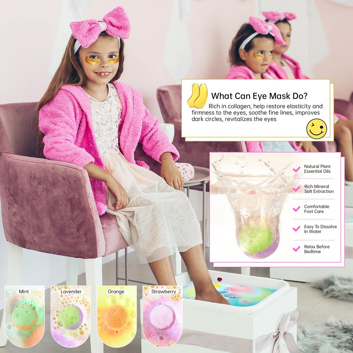 28PCS Spa Party Supplies For Girls, Spa Birthday Party Favors For 4 People, Spa Day Kit With Bath Bombs, Eye Mask, Lip Balm, Face Mask, Hand Cream, Compressed Towel, Gift Bag, Sleepover Spa Gift Set