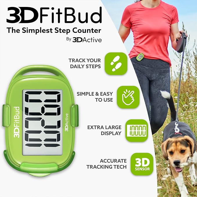 3DFitBud Simple Step Counter Walking 3D Pedometer by 3DActive with Clip, Lanyard Accurate Fitness Tracker for Men, Women & Elderly Daily Exercise - A420S