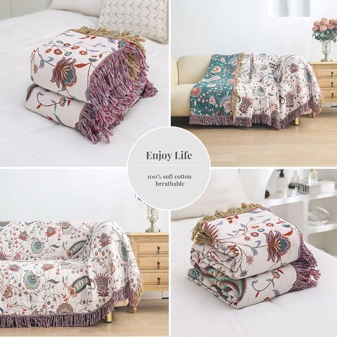 Boho Throw Blankets 80"x90",100% Cozy Cotton Blanket for Travel, Picnic, Reversible Lightweight Knitted Farmhouse Muslin Blankets for Bedroom,Home Decor