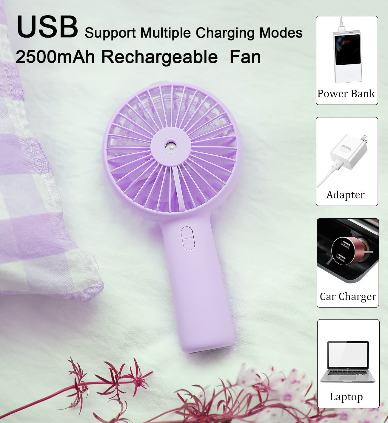 Portable Hand held Misting Fan, Small Personal USB Rechargeable Battery Operated Spray Fan Mister with 20ml Water Tank Mist Lash Quiet 3 Speed Strong Cooling Wind for Travel Office Outdoors purple