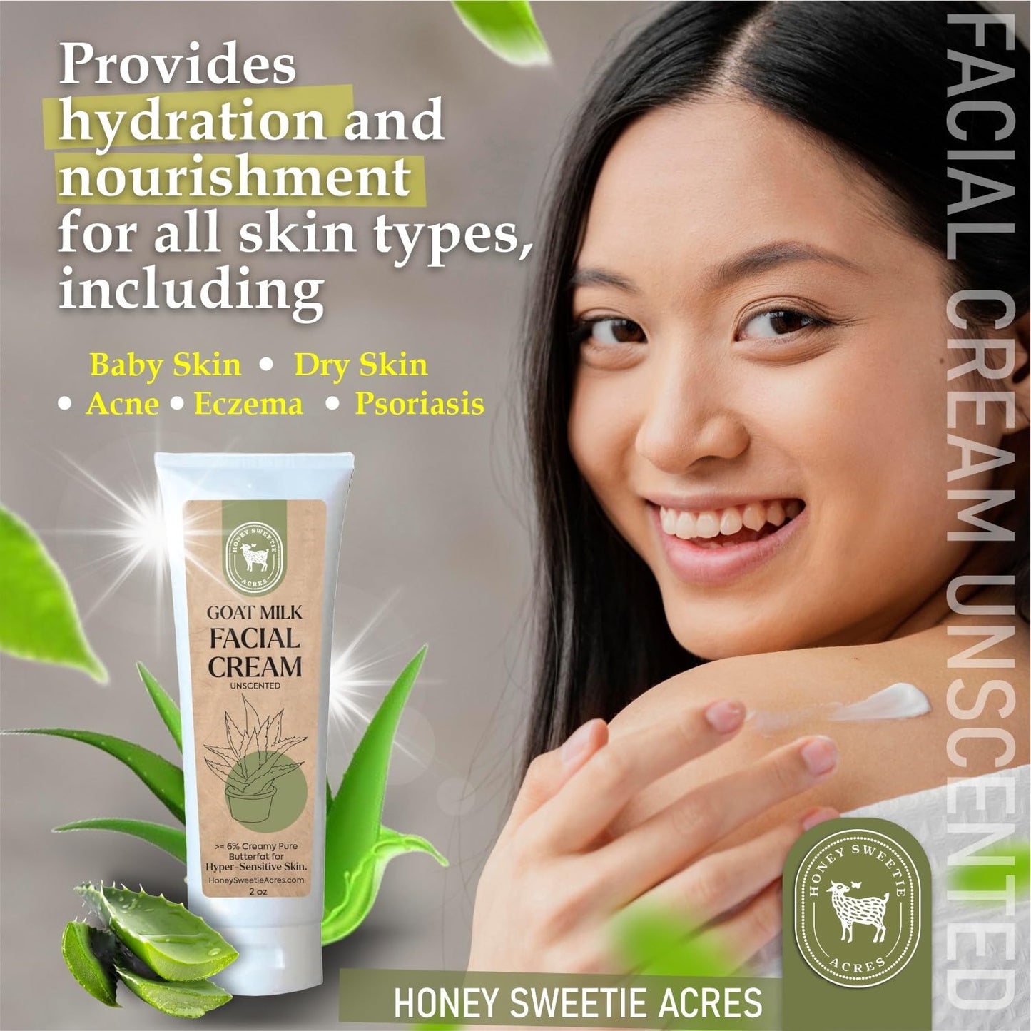 Honey Sweetie Acres Goat Milk Facial Cream – 2 oz – Moisturizer with Aloe, Jojoba & Avocado Oils, Fragrance-Free & Paraben-Free Face Cream