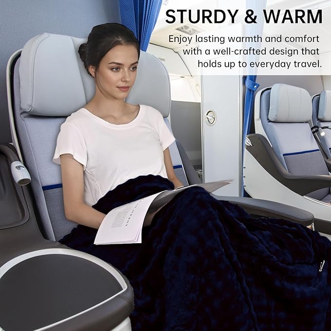 Travel Blanket and Pillow-2-in-1, Ultra-Soft&Compact, One-Piece Airplane Blanket with Hand Luggage Belt and Backpack Clip,Travelers Accessories Gifts, 61x43 Inches（Navy）