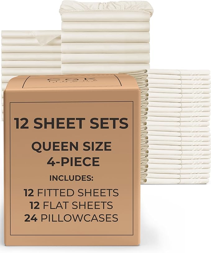 Bulk Case Pack of 12 Sheet Sets - (12) Complete Queen Size Sheet Sets with Deep Pockets - Wholesale Bulk Bedding for Hotels, Spas & Airbnbs - Breathable, Cooling & Wrinkle Free - (Queen, Off White)