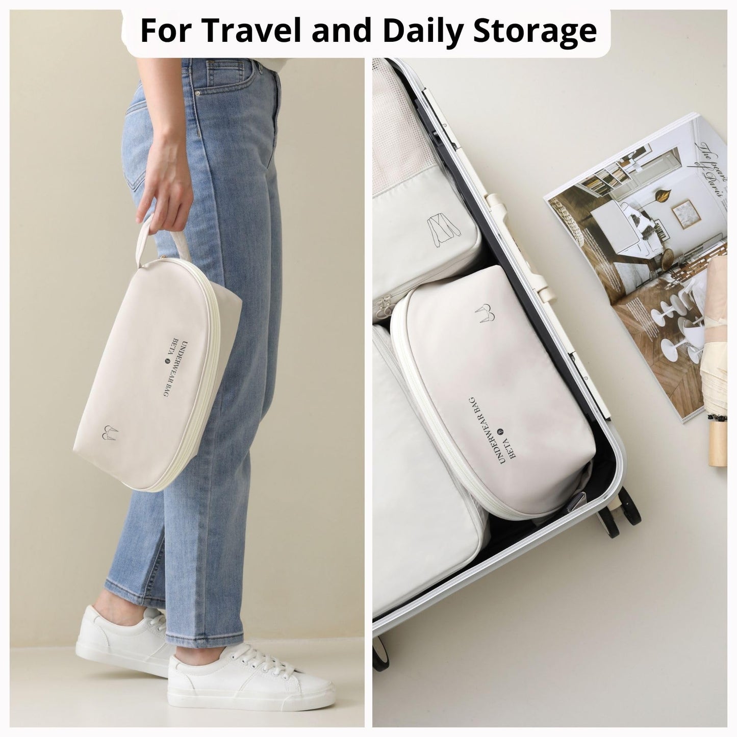 tianzong Travel Underwear Packing Cube for Women, Portable Luggage Organizer Bag, Multi-compartment Versatile Storage Bag for Suitcase (1 Pack, XL Beige)