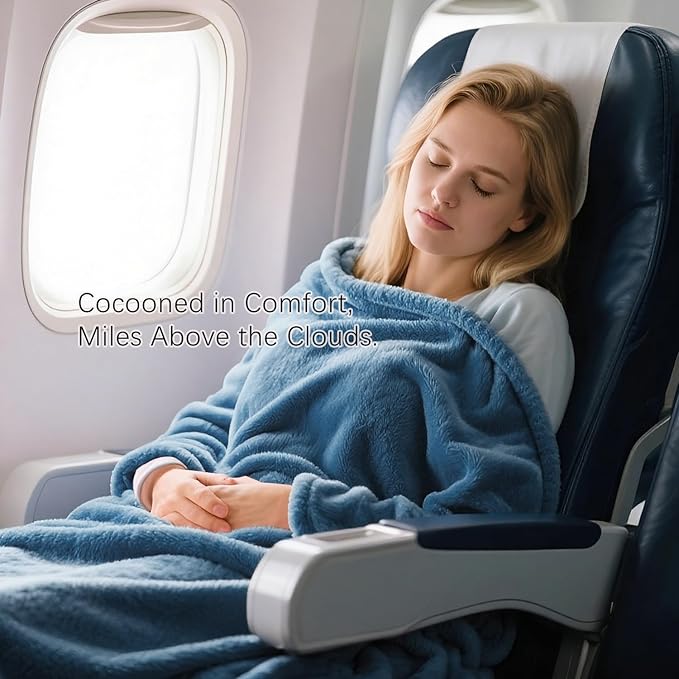 Melissa Large Travel Blanket and Inflatable Pillow Set - 69“ x 43.3” – Soft Blanket with Carry Bag – Lightweight, Compact & Washable for Backpacking, Hiking, Airplane, Car, Office, Camping (Blue)