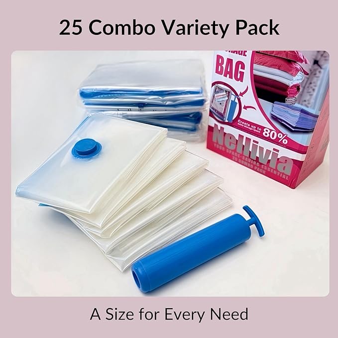 25 Pack Vacuum Storage Bags with Pump, Compression Space Saver for Comforter, Bedding, Blanket Storage, Vacuum Seal Bags for Clothing, Luggage and Closet Organizer