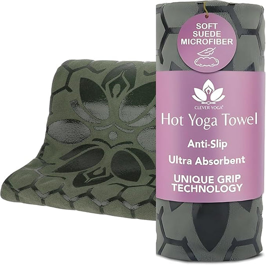 Clever Yoga Non-Slip Hot Yoga Towel – Non-Slip Grip for Hot Yoga, Sweat Absorbent, Honeycomb Silicone Grip, Stays Flat – Ideal for Pilates, Travel, Washable & Lightweight - Olive