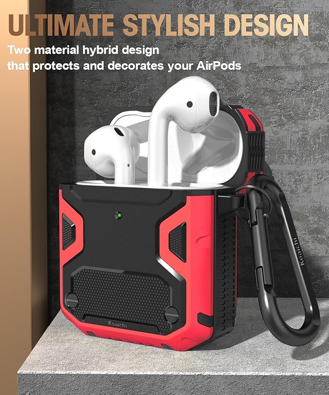 Koaichi Compatible with AirPods Case, Full-Body Rugged Hard Shell Protective Case Cover with Keychain Designed for AirPods 1st & 2nd, Black/Red