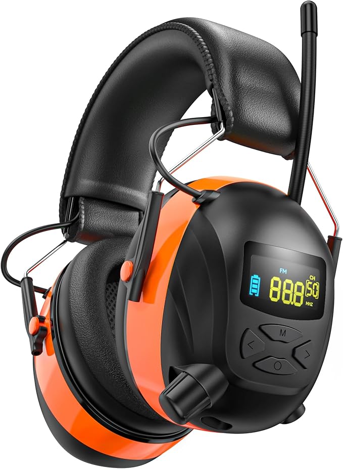 2025 Bluetooth 5.4 AM/FM Radio Ear Protection Headphones with Backlit Digital Display/Mic, 120H Working Time, Rechargeable, 30dB Noise Reduction Safety Earmuffs for Lawn Mowing, Workshop - Orange