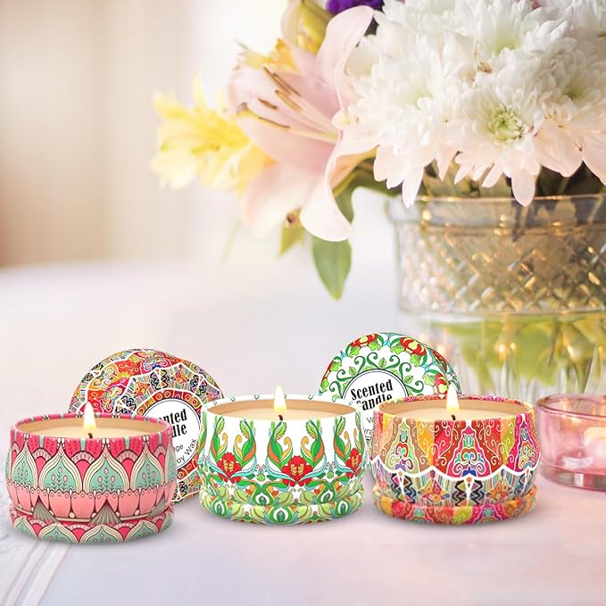 3 Packs Rose, Vanilla and Orange Scented Candles Christmas Gift Set for Women, Small 2.5oz Decorative Natural Soy Wax Aromatherapy Candles in Cute Travel Metal Tin for Home Mother's Day
