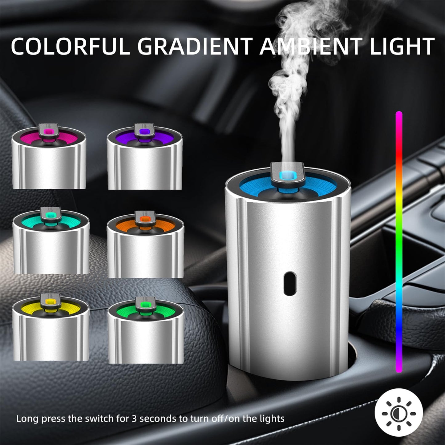Aluminum Car Diffuser Essential Oil Car Aromatherapy Humidifier 100ml Personal Vehicle Scent Freshener Cool Mist Mini Portable Ultrasonic Diffuser with Colorful Lights for Small Space (Silver)