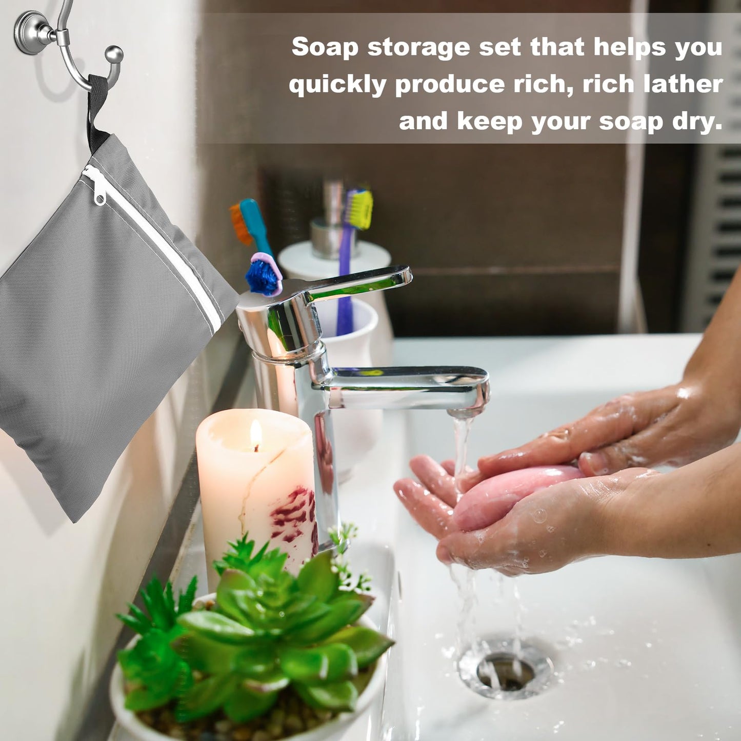 Reallnaive 8 Pcs Travel Soap Bar Bag Set, 4 Waterproof & Leakproof Soap Dish Case 4 Foaming Nets Multifunctional Toiletry Shower Gym Essentials Quick Dry Pouch for Camping Enthusiasts(Gray)