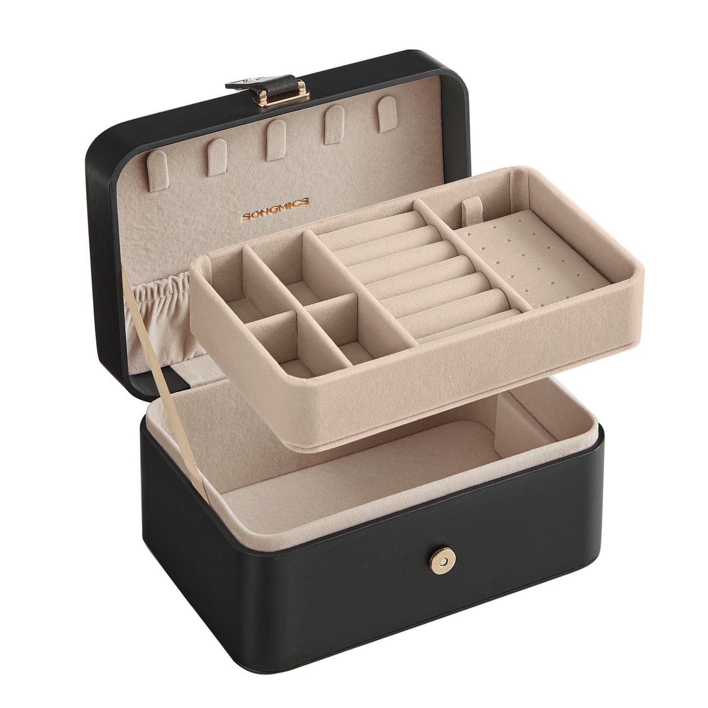 SONGMICS Jewelry Box, Travel Jewelry Case, 2-Layer Jewelry Holder Organizer, Portable Versatile Earring Storage, for Larger Accessories, Ink Black UJBC166B01