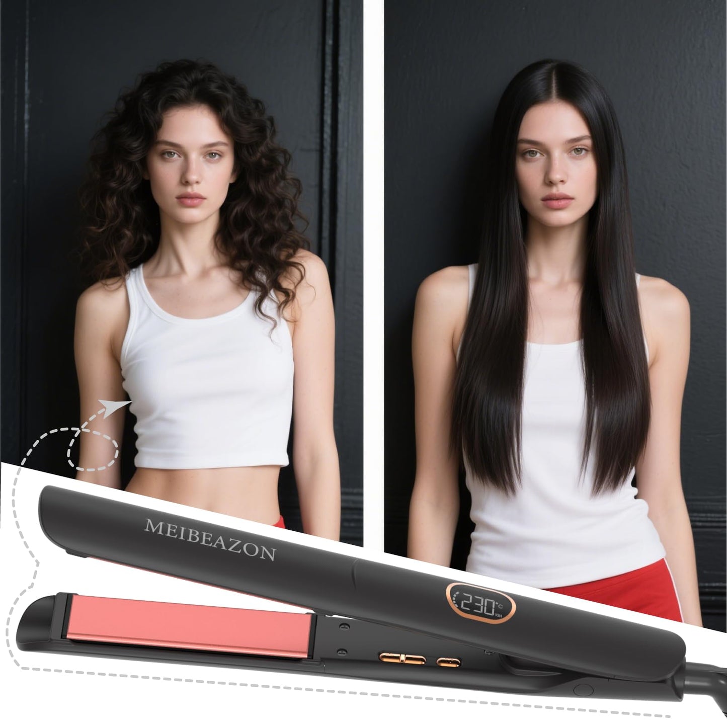 Flat Iron Hair Straightener and Curler 2 in 1, Professional 3D Floating Ceramic Plates with Travel Dual Voltage, Negative Ion, LED Display & Auto Shut-Off for Smooth, Shiny, Frizz-Free Hair