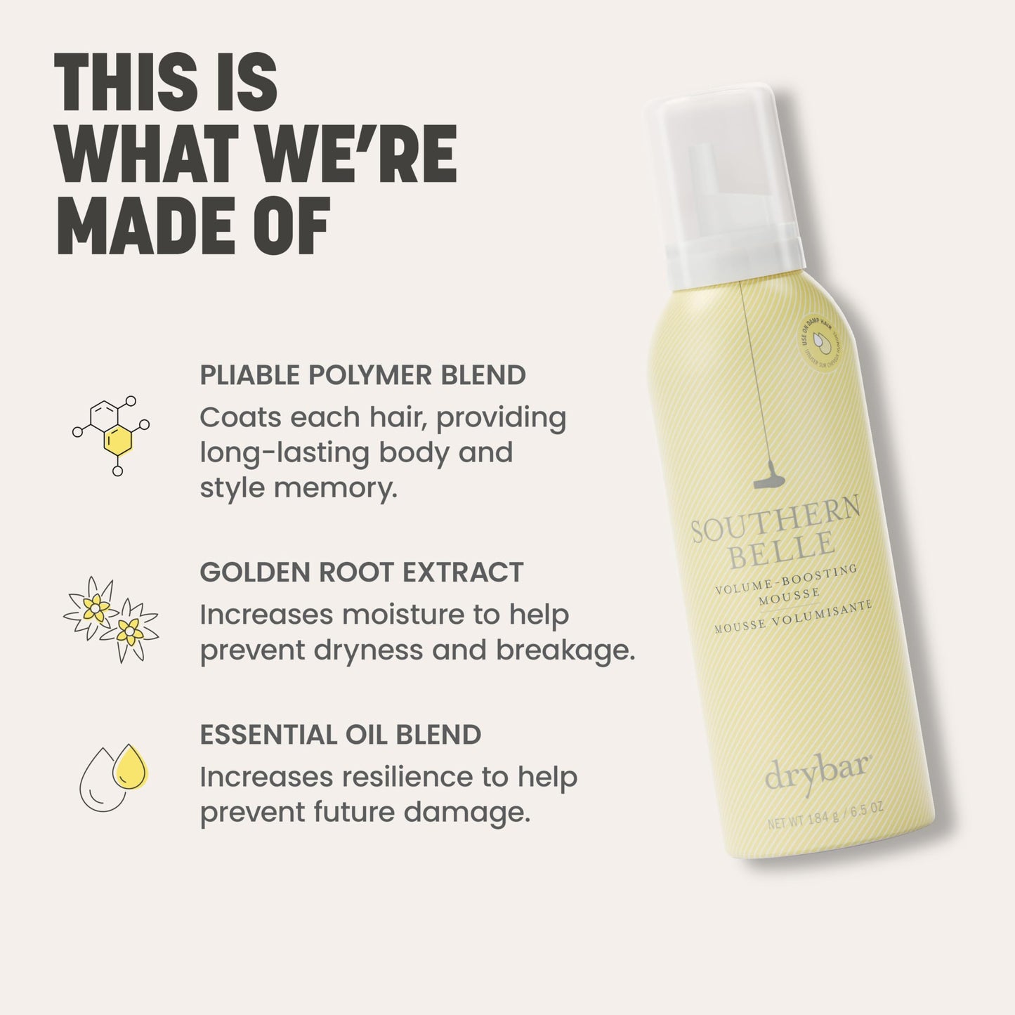 Drybar Southern Belle Volume - Boosting Mousse - Travel Size | Prevents Frizz & Damage, Smoothes Hair, and Provides Shine for Long-Lasting Body & Style