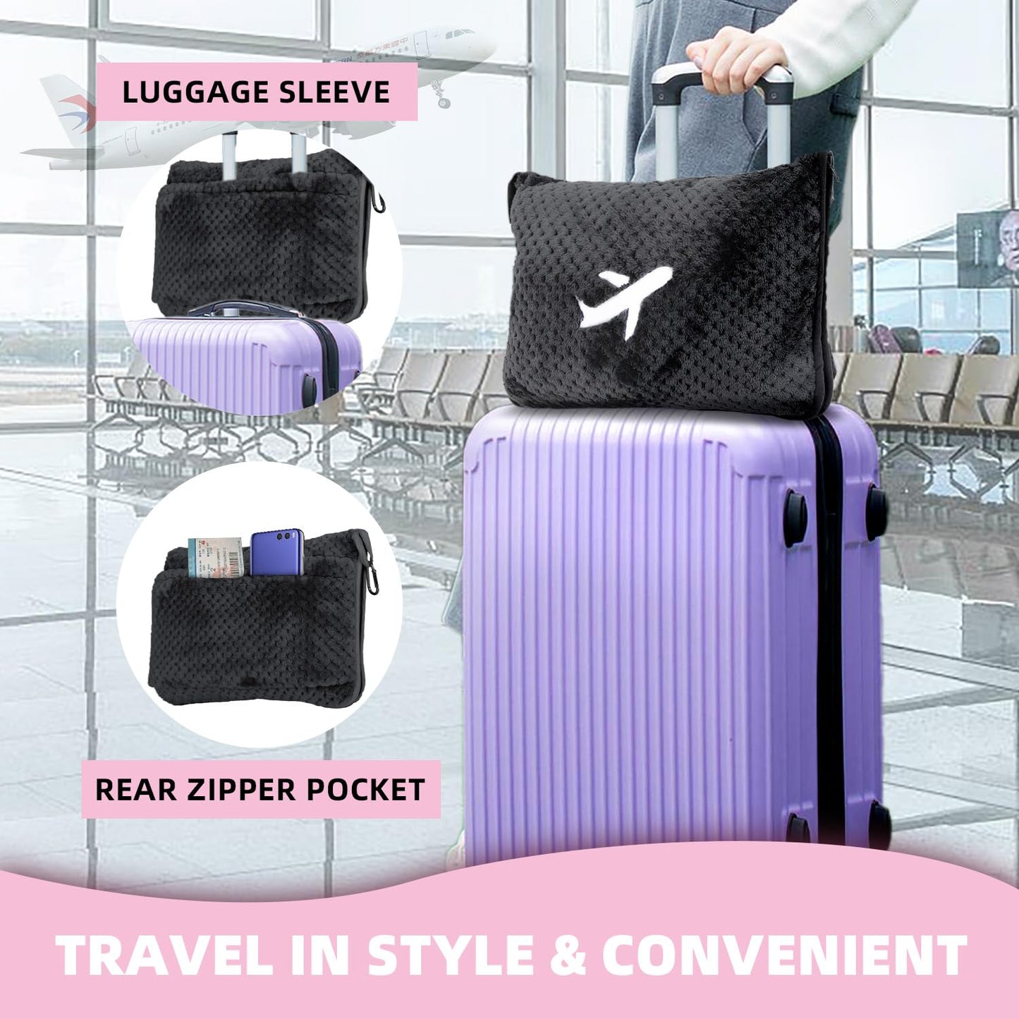 Nenolix 3 in 1 Travel Blanket Pillow Set - 350 GSM Thick Travel Blanket Airplane Compact with Bag, Soft Bag with a Pocket, Inflatable Travel Pillow for Camping & Car Trip (Dark Grey)