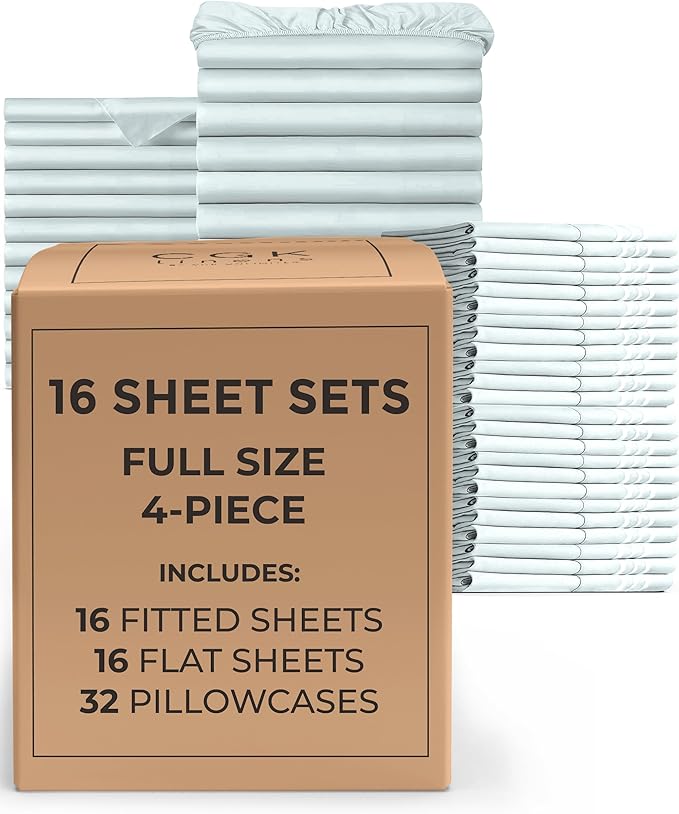 Bulk Case Pack of 16 Sheet Sets - (16) Complete Full Size Sheet Sets with Deep Pockets - Wholesale Bulk Bedding for Hotels, Spas & Airbnbs - Breathable, Cooling, Soft & Wrinkle Free - (Full, Ice Blue)