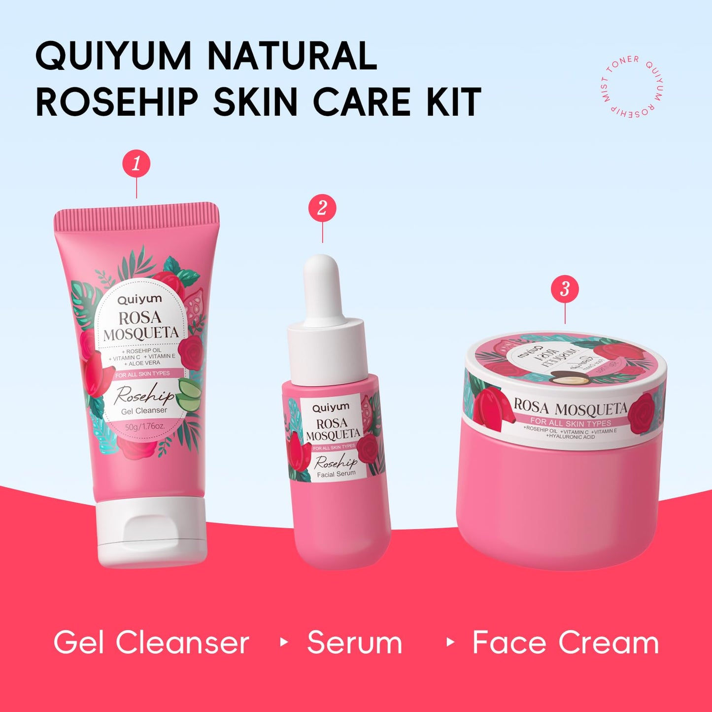 Quiyum Rosehip Skin Care Set, Beauty Skincare Gift Sets, Natural Facial Skin Care Products, Korean Style Skincare for Women, Nourishing, Hydration, Glow Up, 3PCS