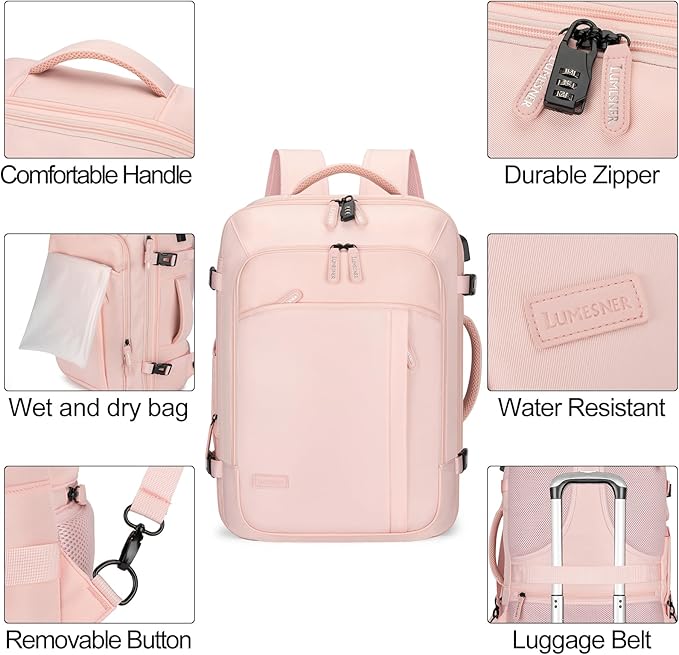 Carry on Travel Backpacks, Extra Large 40L Flight Approved Bag for Men & Women,Expandable Suitcase Backpack With 4 Packing Cubes,Water Resistant Luggage Daypack Business Weekender Bag,Pink