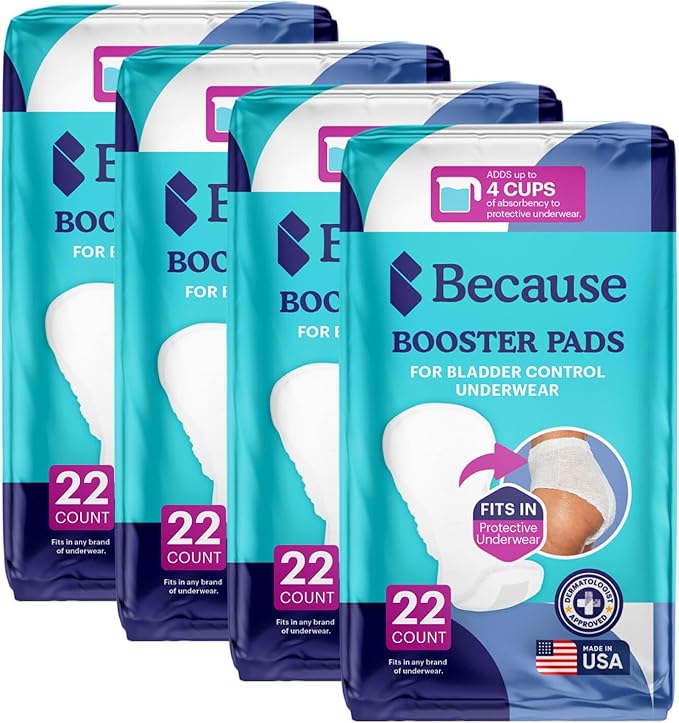 Because Overnight Incontinence Booster Pads for Men and Women, Adds Extra Absorbency to Adult Diapers, Super Soft, Adhesive Strip Backing, Unisex, 88 Count (4 Packs of 22)