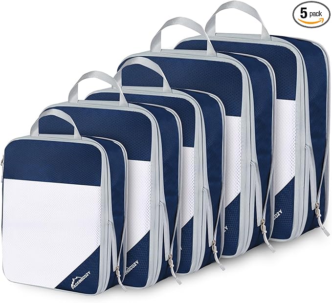 Compression Packing Cubes, 5 Set Packing Cubes for Travel Compression, Lightweight Compressible Package Organizer for Carry On and Suitcases, Navy