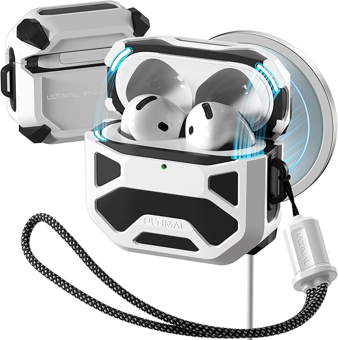 Compatible with AirPods 4 Case, Rugged TPU Double-Layer Cover, Powerful Shockproof Full Protection with Lanyard, Reinforced Magnetic Lid Lock for AirPods 4th Generation case(Black+White)